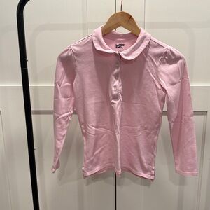 Lands' End Girls Light Pink Long-Sleeve Polo with Peter Pan Collar